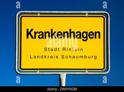 Krankenhagen Ortsschild, Deutschland, Niedersachsen, Schaumburg, Rinteln Stockfoto