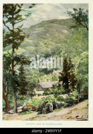 Distant View of Bettws-y-Coed 1911 von Gordon Cochrane Home (* 25. Juli 1878 bis 13. Dezember 1969) war ein englischer Landschaftskünstler, Schriftsteller und Illustrator. Bettws-y-Coed ist ein Dorf und eine Gemeinde im Conwy Valley im Conwy County Borough, Wales, in der historischen Grafschaft Caernarfonshire. Stockfoto