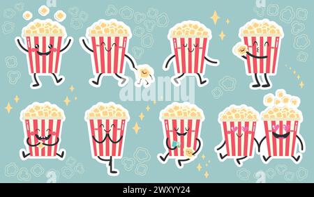 Niedliches Comic-Popcorn-Set. Lustige Popcorneimer und Babys. Flacher STYLE. Vektorabbildung Stock Vektor