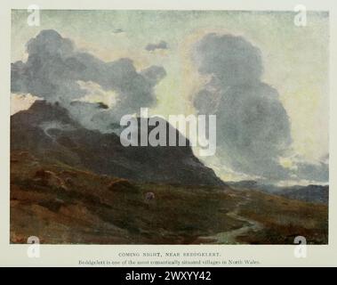 Coming Night, nahe Beddgelert 1911 Gordon Cochrane Home (25. Juli 1878 – 13. Dezember 1969) war ein englischer Landschaftskünstler, Schriftsteller und Illustrator. Beddgelert ist ein Dorf in der Region Snowdonia in Gwynedd, Wales. Stockfoto