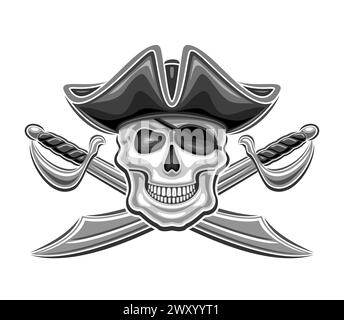 Vektor-Logo für Piratenschädel, dekoratives Abzeichen mit Illustration des schrecklichen Piratenschädels in altem Seehut und gekreuzten Schwertern für E-Sport-Team, Vintage Stock Vektor