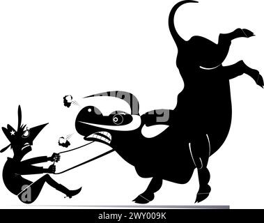 Rodeo. Landwirt oder Cowboy. Wütender Bulle. Farmer oder Cowboy, der versucht, einen wütenden Stier zu halten. Schwarzweiß-Illustration Stock Vektor