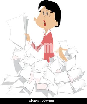 Ernsthafte Frau mit Papieren in der Hand, umgeben von Papieren oder Dokumenten. Isoliert auf weißem Hintergrund Stock Vektor