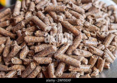 Ein Haufen organischer Holzpellets aus verdichtetem Sägemehl aus Holzbearbeitungsarbeiten. Alternative Energie, ökologische Heizung, Biokraftstoffkonzept. Schließen Stockfoto