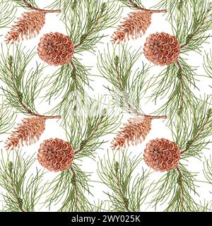 Nahtloses Muster mit handgezeichneten Tannenzapfen auf Tannenzweigen. Aquarellabbildung isoliert auf weißem Hintergrund. Weihnachtstapete Stockfoto