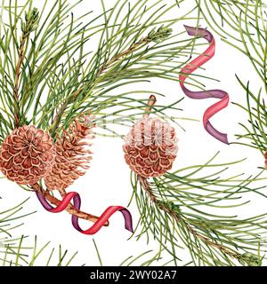 Tannenzapfen auf Tannenzweigen mit Bändern verziert. Aquarellillustration mit nahtlosem Muster auf weißem Hintergrund. Wiederholbarer Hintergrund für Weihnachten Stockfoto