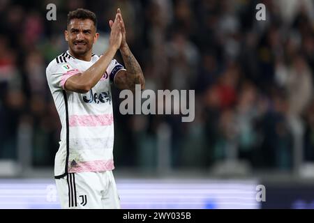 Turin, Italien. April 2024. Danilo Luiz da Silva vom Juventus FC feiert am 2. April 2024 im Allianz Stadion in Turin das Halbfinale der Coppa Italia zwischen Juventus FC und SS Lazio. Quelle: Marco Canoniero/Alamy Live News Stockfoto