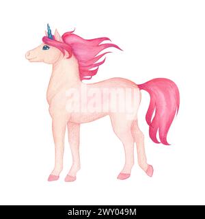 Aquarellillustration eines niedlichen stehenden Einhorns in rosa und türkisfarbenen Farben. Märchenfigur zur Dekoration der Tapete im Kinderzimmer Stockfoto