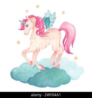 Aquarellillustration eines niedlichen springenden Einhorns mit Flügeln auf Wolken mit Sternen in rosa und türkisfarbenen Farben. Märchen-Zeichentrickfigur Stockfoto