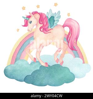 Aquarellillustration eines niedlichen springenden Einhorns mit Flügeln auf Wolken mit Sternen und Regenbogen in rosa und türkisfarbenen Farben. Märchen-Zeichentrick Stockfoto