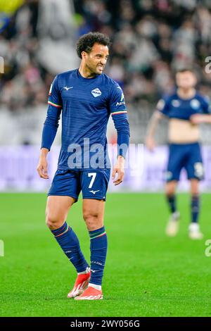 Turin, Italien. April 2024. Felipe Anderson (7) aus Latium wurde im Halbfinalspiel zwischen Juventus und Lazio im Allianz-Stadion in Turin gesehen. (Foto: Gonzales Photo/Alamy Live News Stockfoto