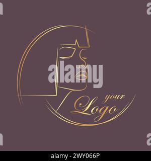 Abstrakte minimalistische Gesichtszeichnung mit einer Linie. Porträt des goldenen Modelogos der schönen Frau. Abstrakte Vektorvorlage linearer Stil auf weißem Hintergrund. Stock Vektor