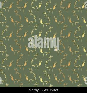 Linienzeichnung goldenes Frauengesicht nahtloses Muster. Ästhetische Mode minimalistisches Konzept, Vektorillustration. Modernes, modisches, hübsches Muster. Vektor Stock Vektor