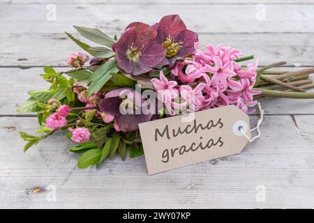 Grußkarte mit Blumenstrauß aus rosa Hyazinthen, Weihnachtsrosen und Karte mit spanischem Text: Danke Stockfoto