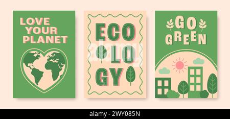 Moderne Ökoplakate mit Text in flachem Stil. Liebe deinen Planeten, geh zu grünen positiven Phrasen. Vektorabbildung Stock Vektor