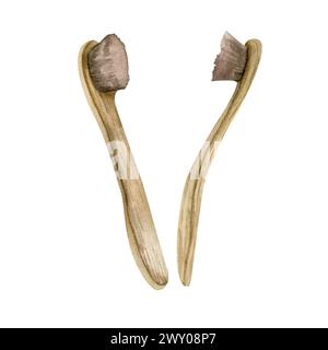 Bambus ECO Zahnbürstenset. Zero Waste Körperpflegeelement, Holzbürste, Mundhygiene. Umweltfreundliche Naturwerkzeuge für das Produkt, PA Stockfoto