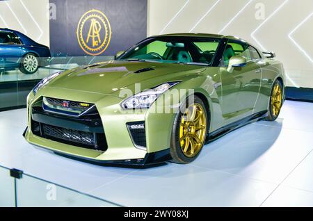 Thailand-27. März 2024: Nissan GT-R T-Spec V6, Größe 3,8 Liter, 3.799 ccm. Twin-Turbo 24 Ventile Allradantrieb, auf der 45. Bangkok International Motor Show in Nontha Stockfoto