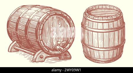 Eichenfass, handgezeichnete Vektorillustration. Holzfass, Fass-Skizze Stock Vektor