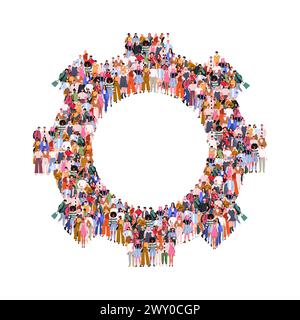 Große Gruppe von Menschen in Form eines Zahnrads. Zeitmanagement- und Produktivitätskonzept. Menschen stehen zusammen. Eine Menge von Männern und Frauen Stockfoto