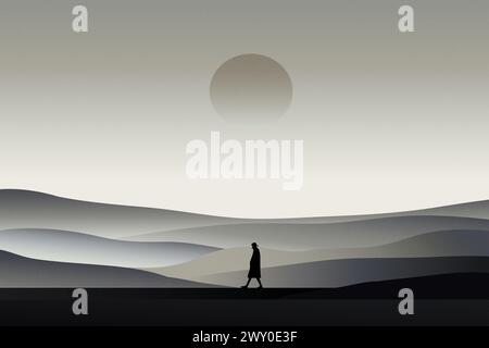 Illustration eines Mannes, der allein in der Nacht geht, geheimnisvolle Landschaft, verloren im Weg - Weg, abstrakte Einsamkeit, Wanddekoration Stockfoto