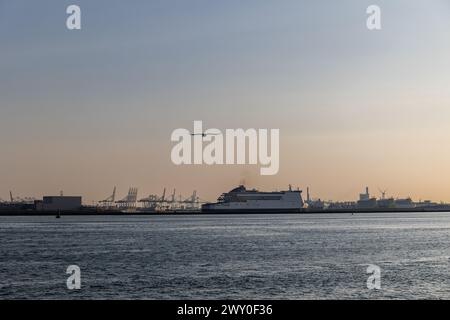 Schiffe treiben über die Nordsee. Windmühlen im Hintergrund. Seehafen in den Niederlanden. Viele Kräne zum Verladen von Gütern. Verschiedene Schiffe und Bars Stockfoto