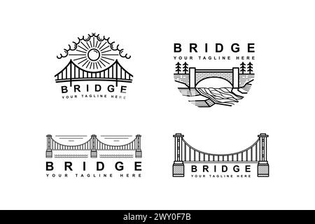 Bridge-Logo mit Sonne und Brücke. Logodesign im Stil der Linienart im Set Stock Vektor