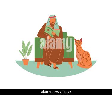 Ein arabischer Mann sitzt im Sessel und liest ein Buch mit einem Geparden. Illustration des flachen Vektors. Tierakzeptanz und Förderung von Konzept und Design Stock Vektor