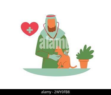 Arabisch-muslimische Tierärzte kümmern sich um eine Katze und ein rotes Herz-Symbol-Popup. Konzept und Gestaltung der Tierpflege zur Förderung und Annahme der Tierhaltung Stock Vektor