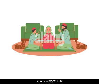 Die muslimische Familie betet im Wohnzimmer. Islamischer Feiertag Ramadan Kareen und Eid Mubarak für Begrüßungskarten Konzept und Illustration Stock Vektor