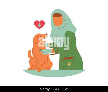 Eine muslimische Veterinärschwester kümmert sich um einen Hund. Vektor-Illustration in flachem Cartoon-Stil. Tierakzeptanz und Förderung des Entwurfskonzepts Stock Vektor