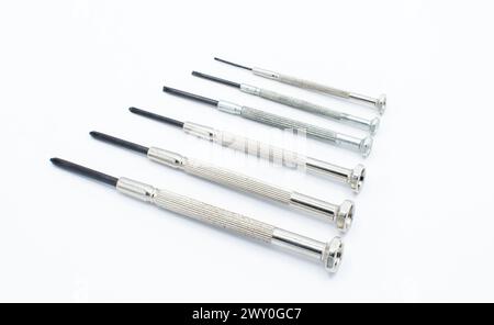 Mini-Präzisions-Kreuzschlitz- und Schlitzschraubendreher für Brillen, Elektronik, Spielzeug, Computer, Uhrenreparatur, verschiedene Größen isoliert auf weißem Hintergrund Stockfoto