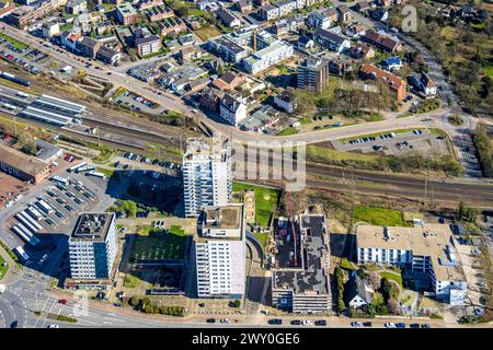 Luftbild, Hochhäuser am Hbf Hauptbahnhof, Ausbau der Betuweroute und Betuwe-Linie Eisenbahnstrecke, Wesel, Nordrhein-Westfalen, Deutschland ACHTUNGxMINDESTHONORARx60xEURO *** Luftansicht, Hochhäuser am Hauptbahnhof, Verlängerung der Betuweroute- und Betuwe-Linie Eisenbahnstrecke, Wesel, Nordrhein-Westfalen, Deutschland ATTENTIONxMINDESTHOxTHOXONORxRxRO Stockfoto