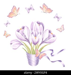 Violette Krokusstrauß mit Seidenband und fliegenden Pfirsichfalter. Isolierte handgezeichnete Aquarellillustration. Blüte Frühlingssafranblüten. Te Stockfoto