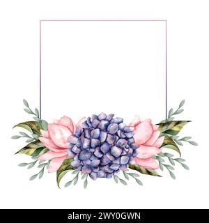 Handgezeichneter Aquarellrahmen mit Hortensien. Blumenkomposition für Dekoration und Design Stockfoto