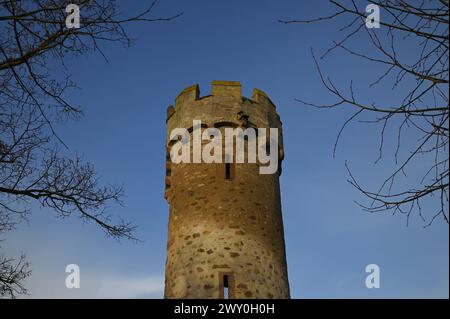 Landschaft mit malerischem Blick auf einen alten Steinturm Teil der Maréchal Foch Stadtmauer in Obernai, Elsass Frankreich. Stockfoto