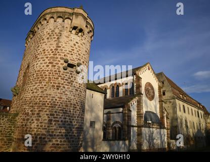 Landschaft mit malerischem Blick auf die jüdische Synagoge im romanischen Stil im Inneren der Stadtmauer Maréchal Foch in Obernai, Elsass Frankreich. Stockfoto