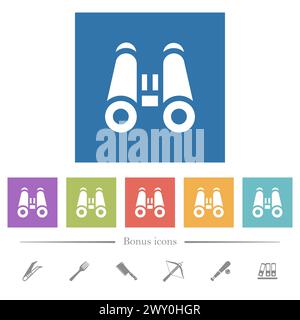 Fernglas solide flache weiße Symbole mit quadratischem Hintergrund. 6 Bonussymbole enthalten. Stock Vektor