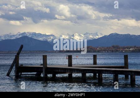 Tutzing, Bayern, Deutschland 02. April 2024: Ein Frühlingstag in Tutzing Landkreis Starnberg. Hier der Blick vom Tutzinger Freibad auf den Badesteg im Starnberger See, im Hintergrund der Jochberg li. mit dem noch verschneiten Karwendel Gebirge mitte und dem Herzogstand re. *** Tutzing, Bayern, Deutschland 02 April 2024 Ein Frühlingstag im Stadtteil Tutzing Starnberg hier der Blick vom Tutzing Freibad zum Badesteg im Starnberger See, im Hintergrund links der Jochberg mit dem noch schneebedeckten Karwendelgebirge in der Mitte und dem Herzogstand rechts Stockfoto