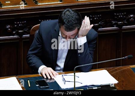 Roma, Italien. April 2024. IL ministro dei Trasporti Matteo Salvini alla Camera dei deputati durante il Fragestunde. Roma, Mercoled&#xec;, 3. april 2024 (Foto Roberto Monaldo/LaPresse) Verkehrsminister Matteo Salvini in der Abgeordnetenkammer während der Fragestunde. Rom, Mittwoch, 3. April 2024 (Foto: Roberto Monaldo/LaPresse) Credit: LaPresse/Alamy Live News Stockfoto