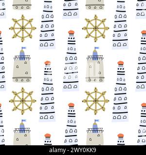 Niedliches Babymuster mit Leuchttürmen und nautischen Elementen. Nahtloser Vektor-Seedruck für Textil, Stoff, Kinderzimmer. Vektorillustration des Leuchtturms Stock Vektor