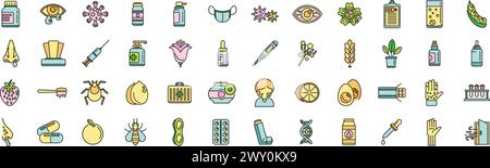 Symbole für saisonale Allergien legen den Konturvektor fest. Niesen-Grippe. Dünne Linie des Gewebes flach auf weiß legen Stock Vektor