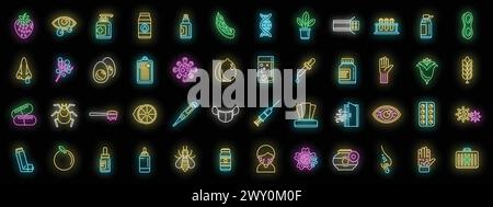 Symbole für saisonale Allergien legen den Konturvektor fest. Niesen-Grippe. Neonfarbe auf Schwarz Stock Vektor