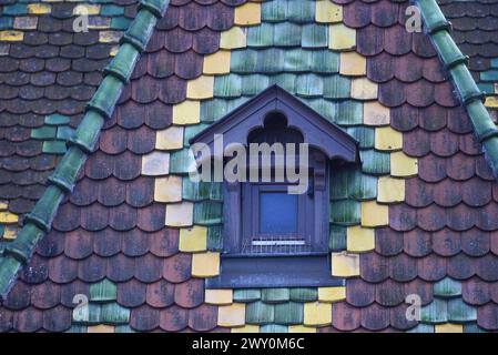 Polychrome glasierte Fliesen Dach mit Dachfenster in Obernai, Elsass Frankreich. Stockfoto