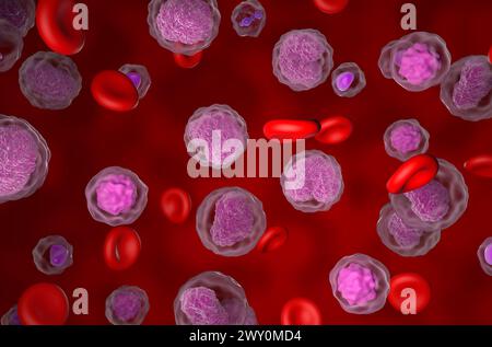 Non-hodgkin-Lymphom (NHL)-Zellen im Blutfluss - isometrische Ansicht 3D Abbildung Stockfoto