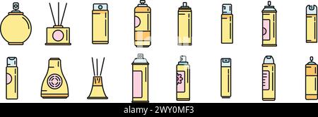 Symbole für Lufterfrischer legen einen flachen Vektor fest. Automatische Atmung. Lufterfrischer, dünne Linie, flach auf weiß Stock Vektor