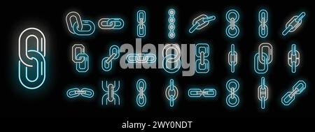 Kettengliedersymbole legen den Konturvektor fest. Fahrradverbindung. Fahrradelement Neonfarbe auf Schwarz Stock Vektor