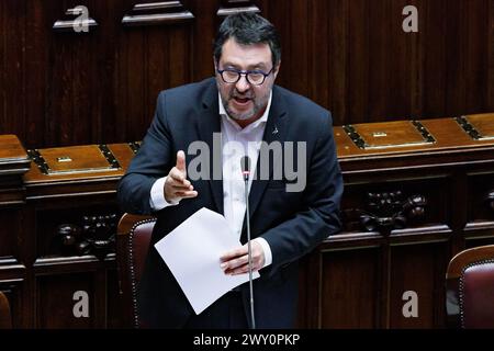 Roma, Italien. April 2024. IL ministro dei Trasporti Matteo Salvini alla Camera dei deputati durante il Fragestunde. Roma, Mercoled&#xec;, 3. april 2024 (Foto Roberto Monaldo/LaPresse) Verkehrsminister Matteo Salvini in der Abgeordnetenkammer während der Fragestunde. Rom, Mittwoch, 3. April 2024 (Foto: Roberto Monaldo/LaPresse) Credit: LaPresse/Alamy Live News Stockfoto