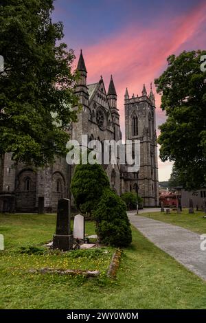 Majestätische Nidaros Kathedrale Turm Fassade am Friedhof. Die Kirche steht an einem schönen Sommerabend in Trondheim Norwegen neben einem üppigen grünen Feld Stockfoto