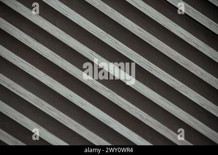 Abstrakte vertikale Linien (Deckenlatten, schwarz-weiß und grau, dreidimensional, 3D-Holzmaterial) diagonaler Texturhintergrund Stockfoto