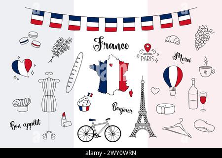 France Doodles Set Vektor. Illustration von niedlichen handgezeichneten französischen Symbolen Eiffelturm, Lavendel, Landkarte, Flagge und anderen. National Stock Vektor